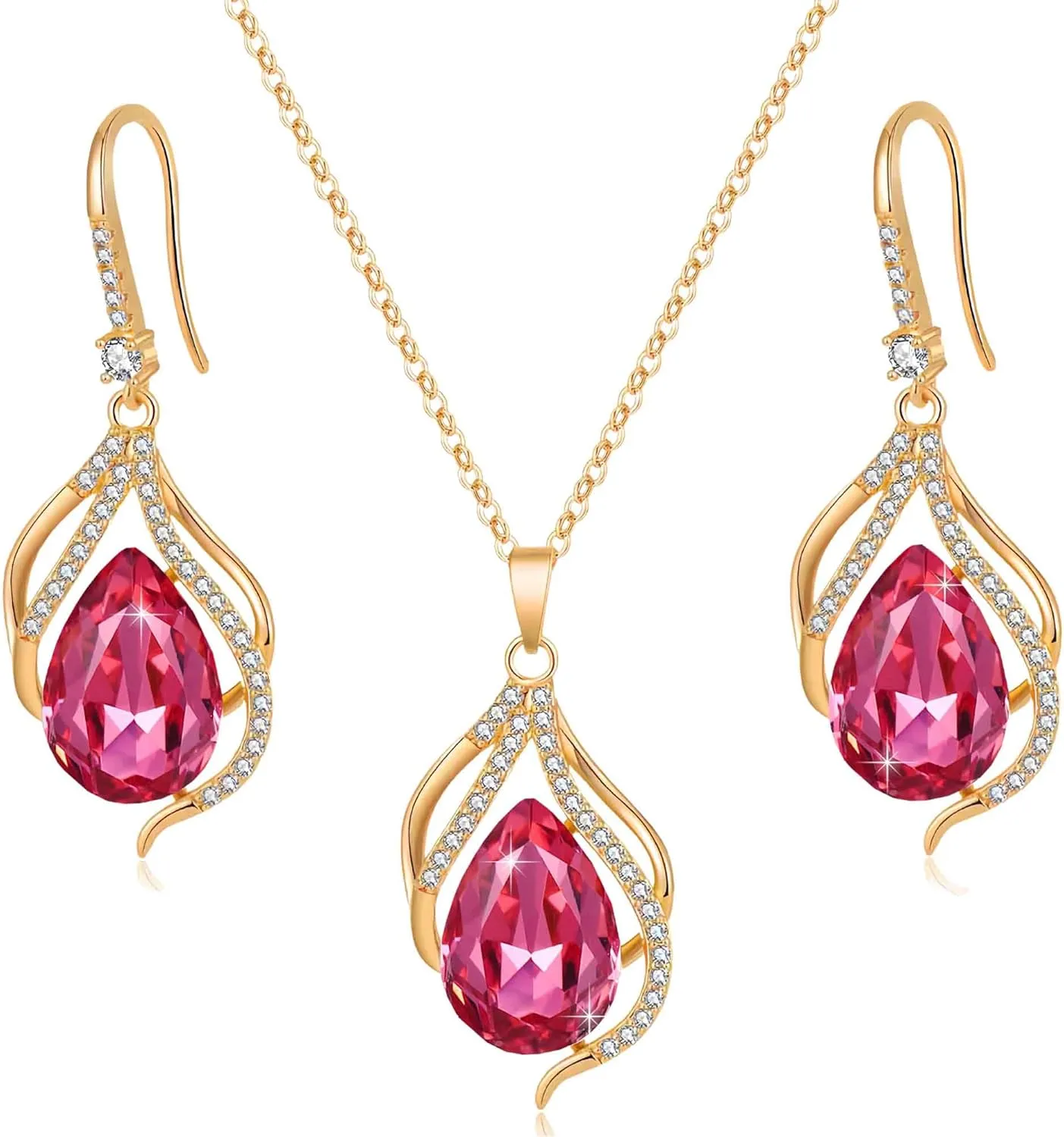 EVEVIC Austrian Crystals Teardrop Hollow Twisted Pendant Necklace Earrings for Women 14K Gold Plated Halo Drop Dangle Earrings Hypoallergenic Jewelry Set