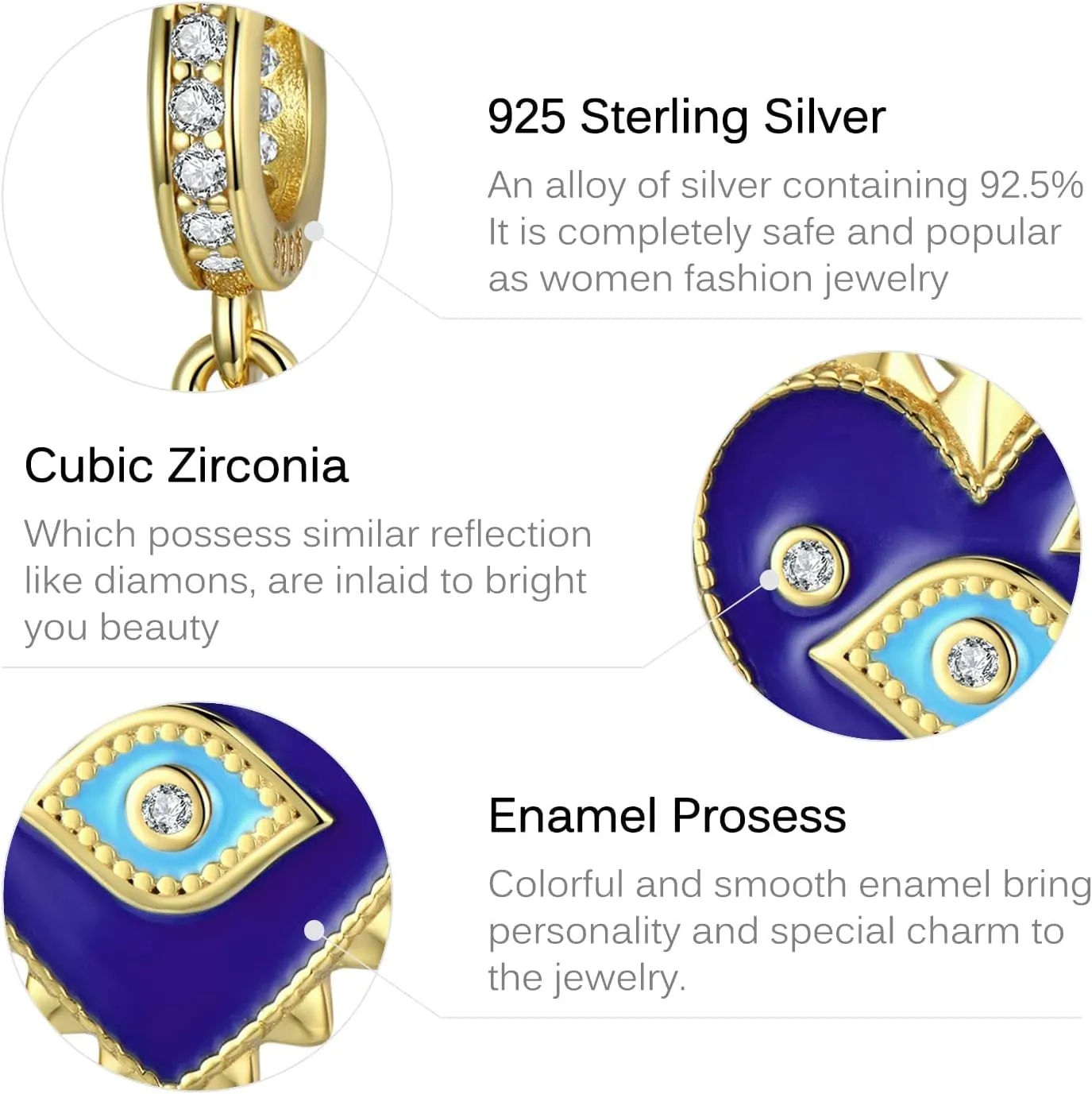 Evil Eye Charms 925 Sterling Silver Charms for Bracelet and Lucky Jewelry Hamsa Charm Fatima Charms Beads European Charm Evil Eye Compatible Bracelet Necklace for Women Mother Sister Gifts