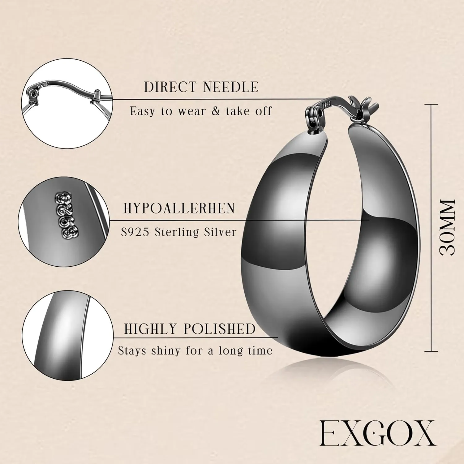 EXGOX Gold Hoop Earrings for Women Sterling Silver Post Hoops Earrings for Women Wide Thick Silver Hoop Earrings Hypoallergenic Lightweight 14k Real Gold Plated Hoop Large Earrings (25/30/40/50MM)