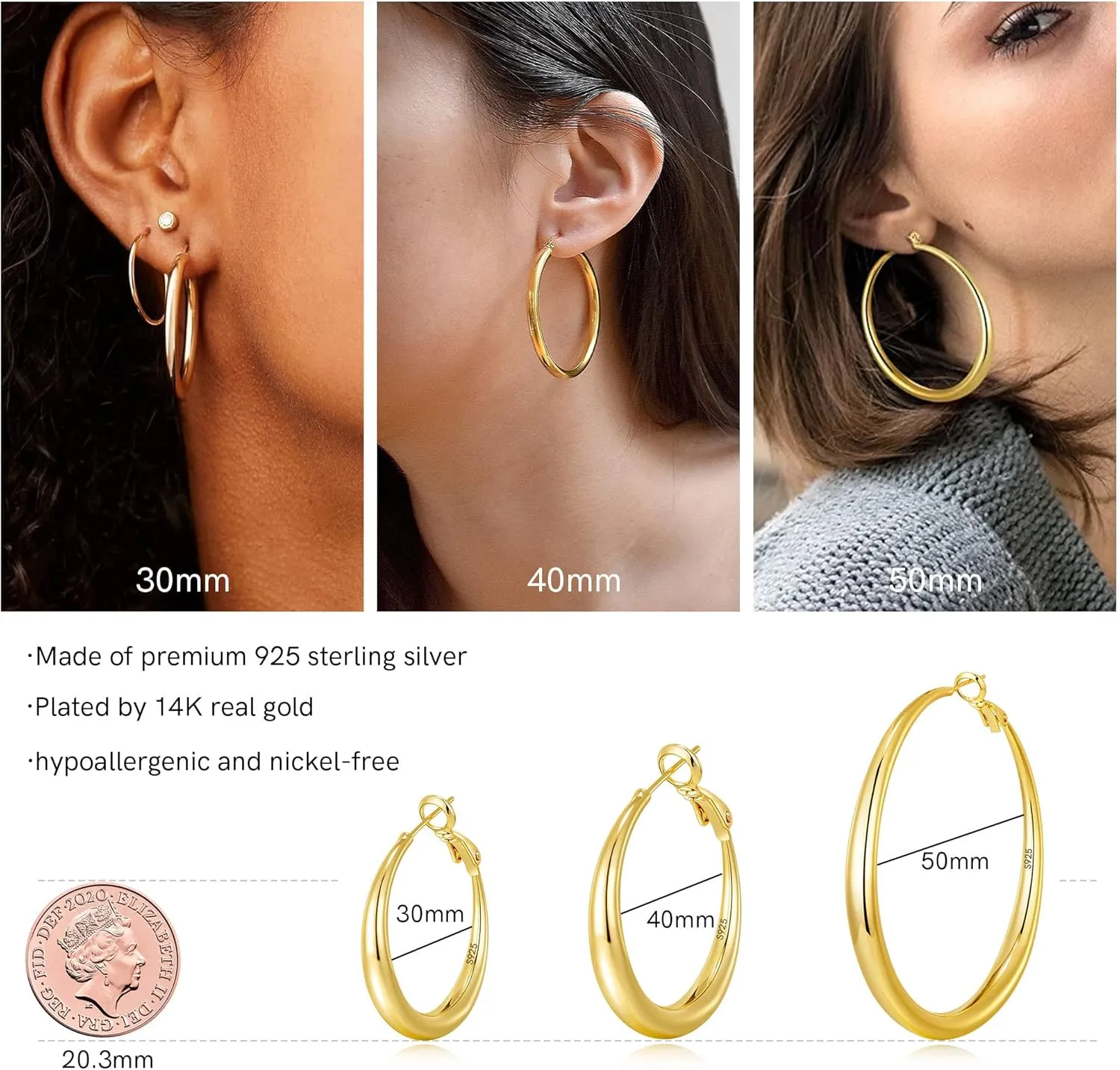 EXGOX Sterling Silver Hoop Earrings - Hypoallergenic, Lightweight, Chunky, 14K Real Gold Plated, Big Large Hoops for Women