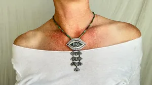 Eye Milagro Pendant Turquoise Necklace. Mexico. American Turquoise. Sterling Silver. 2370