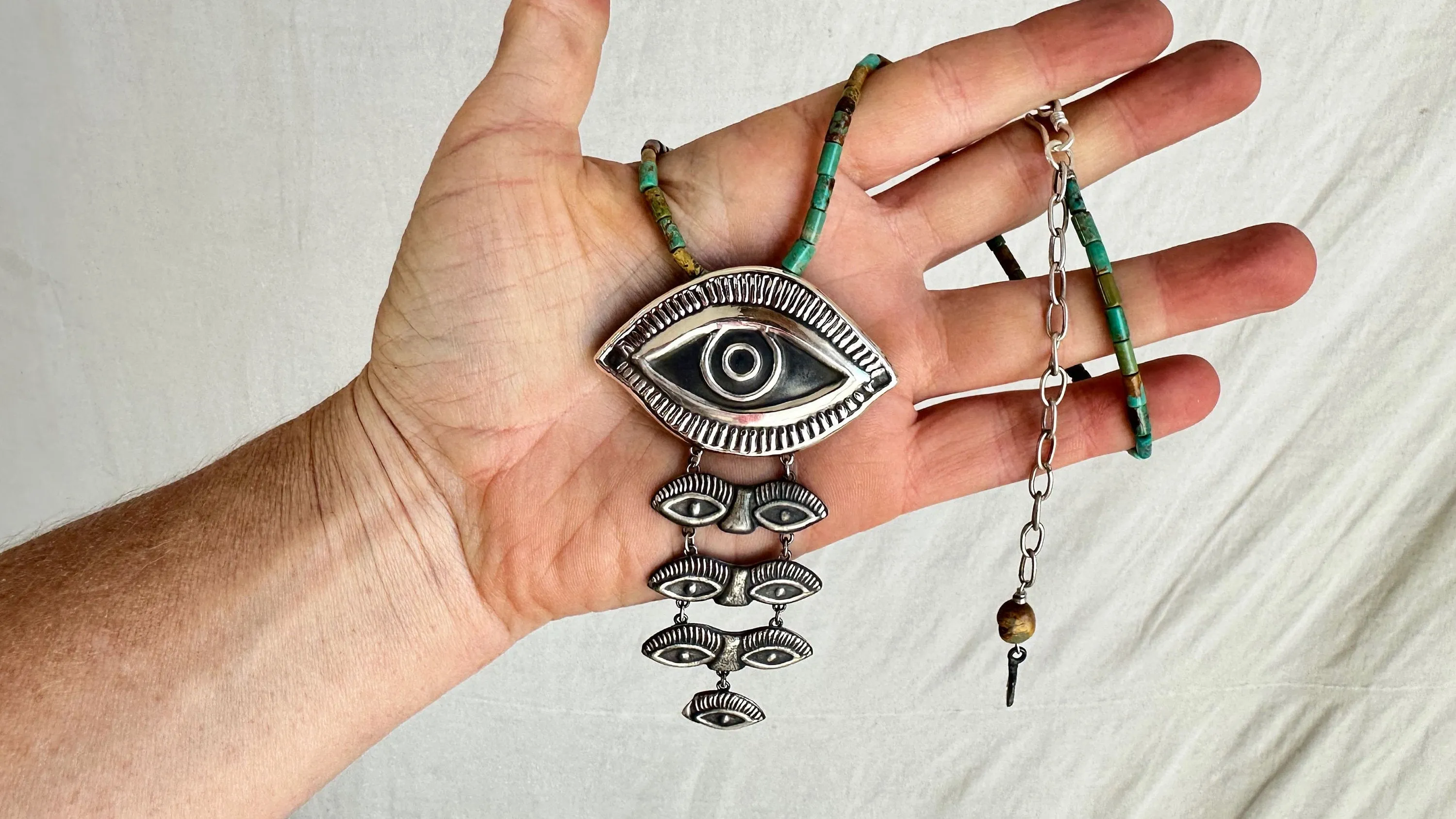 Eye Milagro Pendant Turquoise Necklace. Mexico. American Turquoise. Sterling Silver. 2370