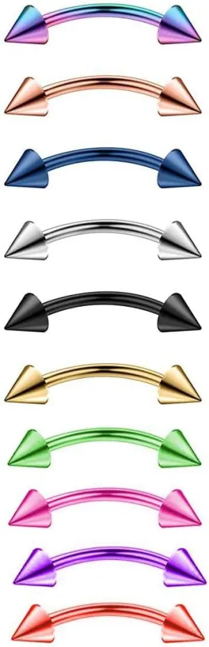 Eyebrow Rings Surgical Steel Ion Plated 16 Gauge with Spikes Cones Pack of 10