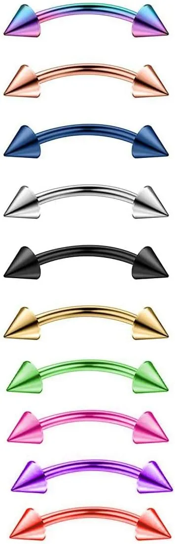Eyebrow Rings Surgical Steel Ion Plated 16 Gauge with Spikes Cones Pack of 10