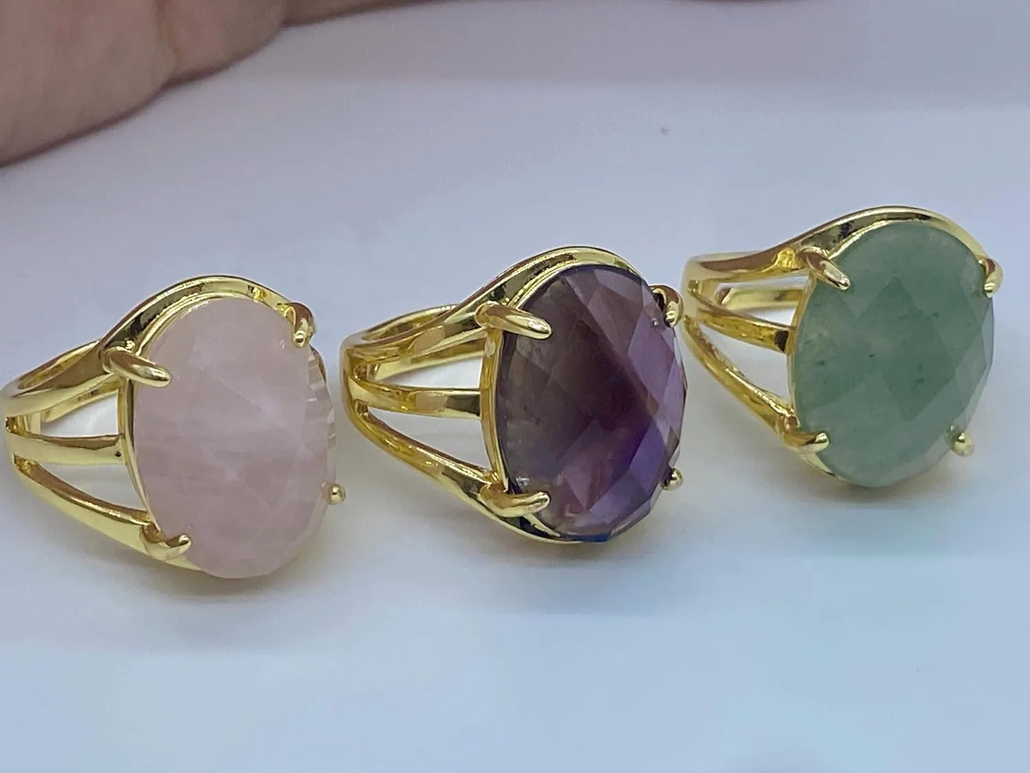 Faceted Oval Round Shape Natural Stone Adjustable Ring for Women Gemstones Healing Crystal Jewelry Wedding Engagement Anniversary Birthday Gift