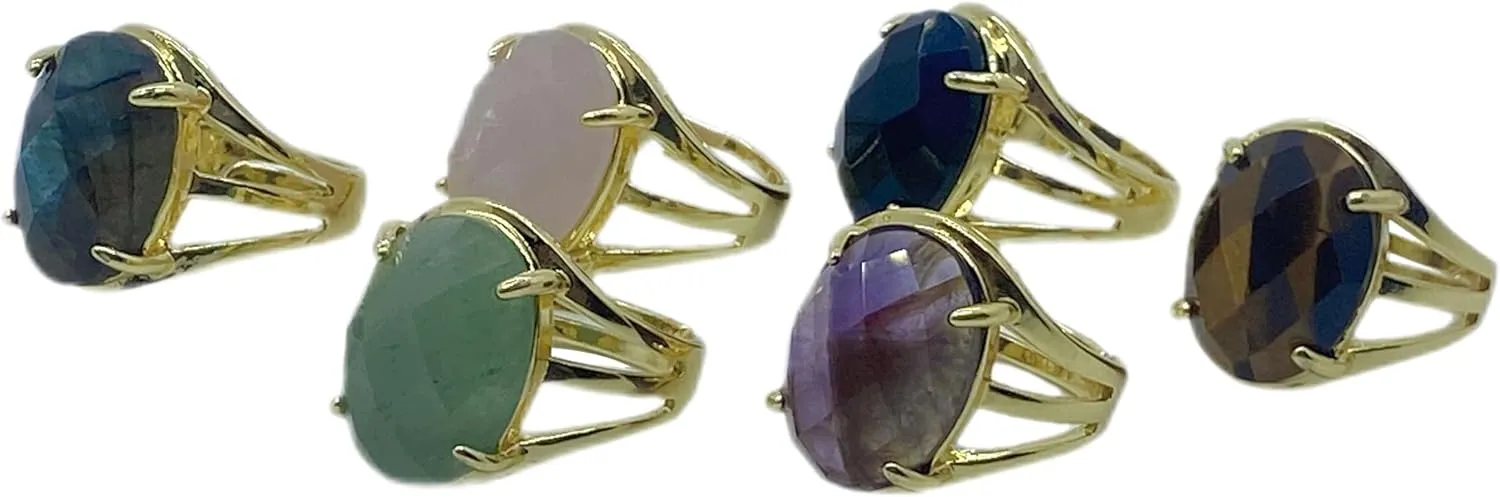 Faceted Oval Round Shape Natural Stone Adjustable Ring for Women Gemstones Healing Crystal Jewelry Wedding Engagement Anniversary Birthday Gift
