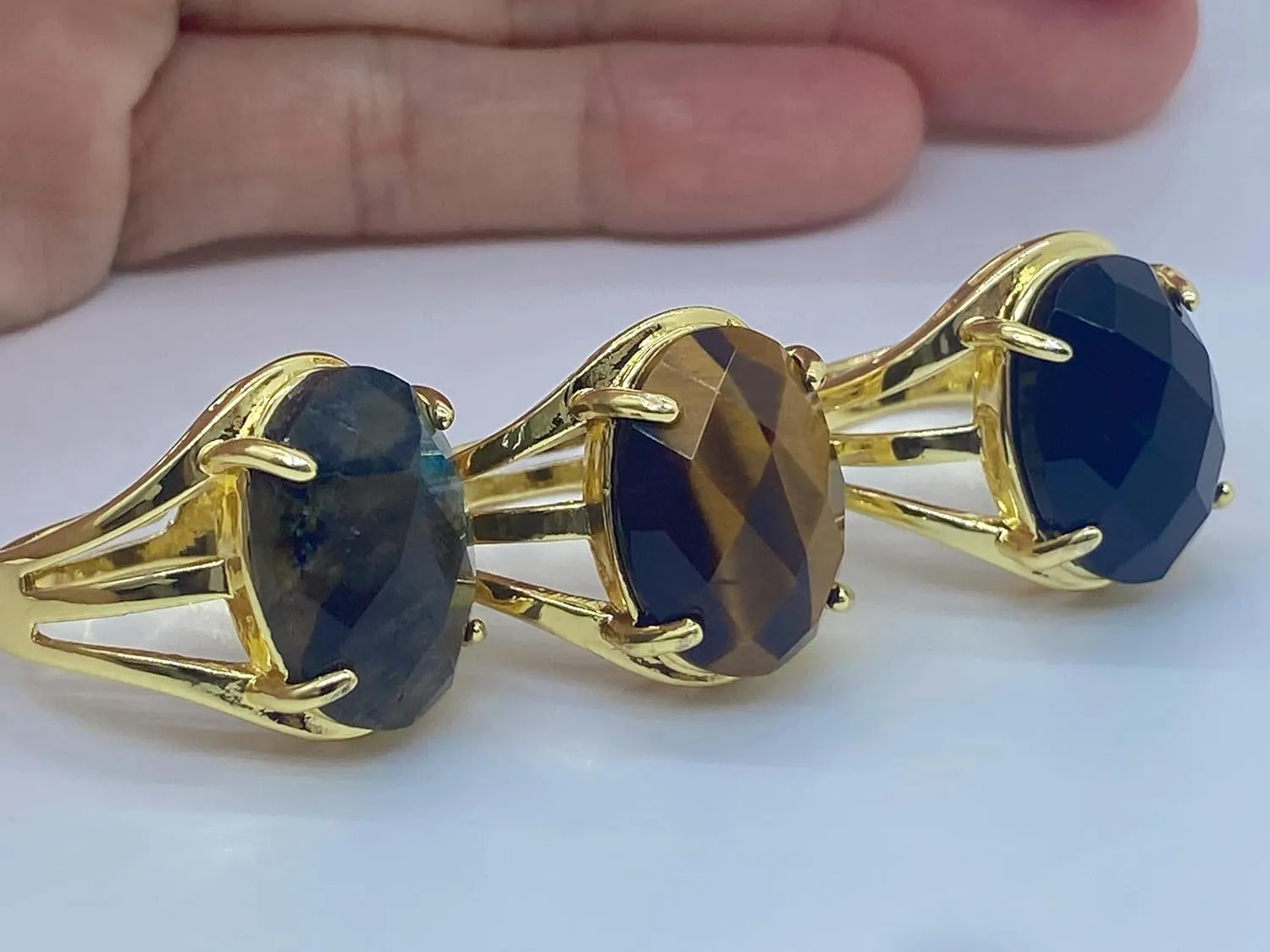 Faceted Oval Round Shape Natural Stone Adjustable Ring for Women Gemstones Healing Crystal Jewelry Wedding Engagement Anniversary Birthday Gift