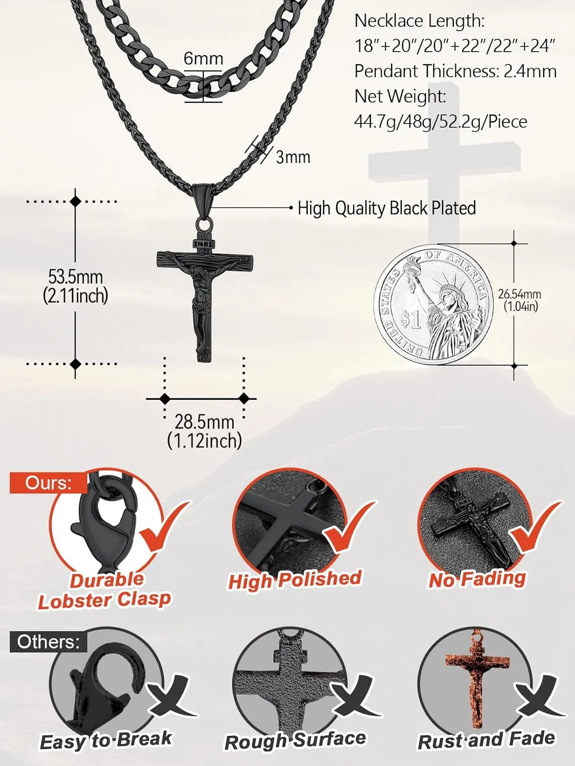 FaithHeart Cross Necklace for Men, Silver/Black/Gold Cuban Link Chain Crucifix Necklace Stainless Steel Mens Cross Pendant Necklaces 18-24 Inch Religious Jewelry Gift
