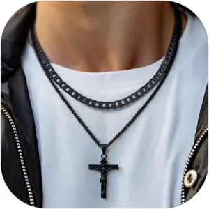 FaithHeart Cross Necklace for Men, Silver/Black/Gold Cuban Link Chain Crucifix Necklace Stainless Steel Mens Cross Pendant Necklaces 18-24 Inch Religious Jewelry Gift
