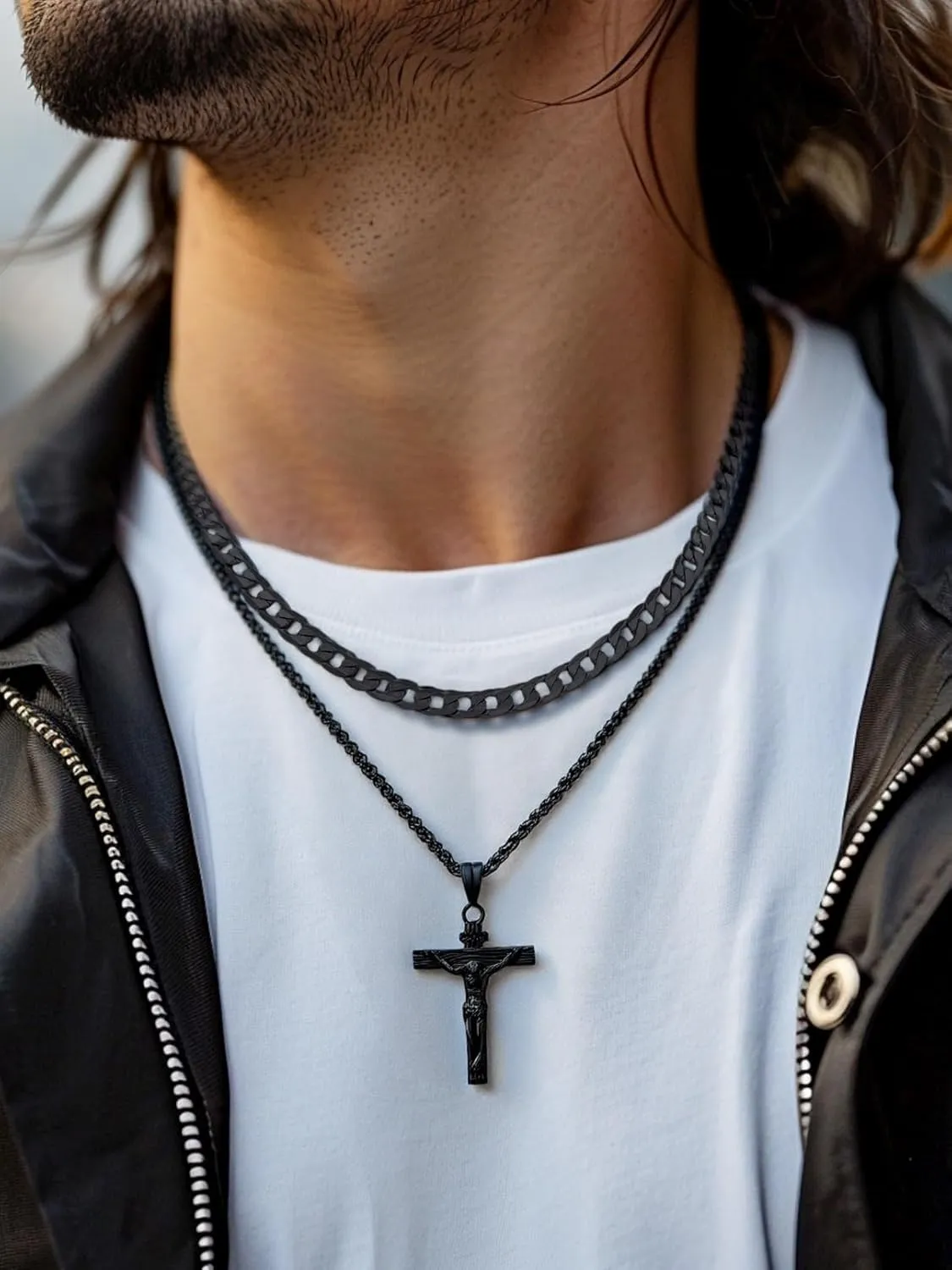 FaithHeart Cross Necklace for Men, Silver/Black/Gold Cuban Link Chain Crucifix Necklace Stainless Steel Mens Cross Pendant Necklaces 18-24 Inch Religious Jewelry Gift