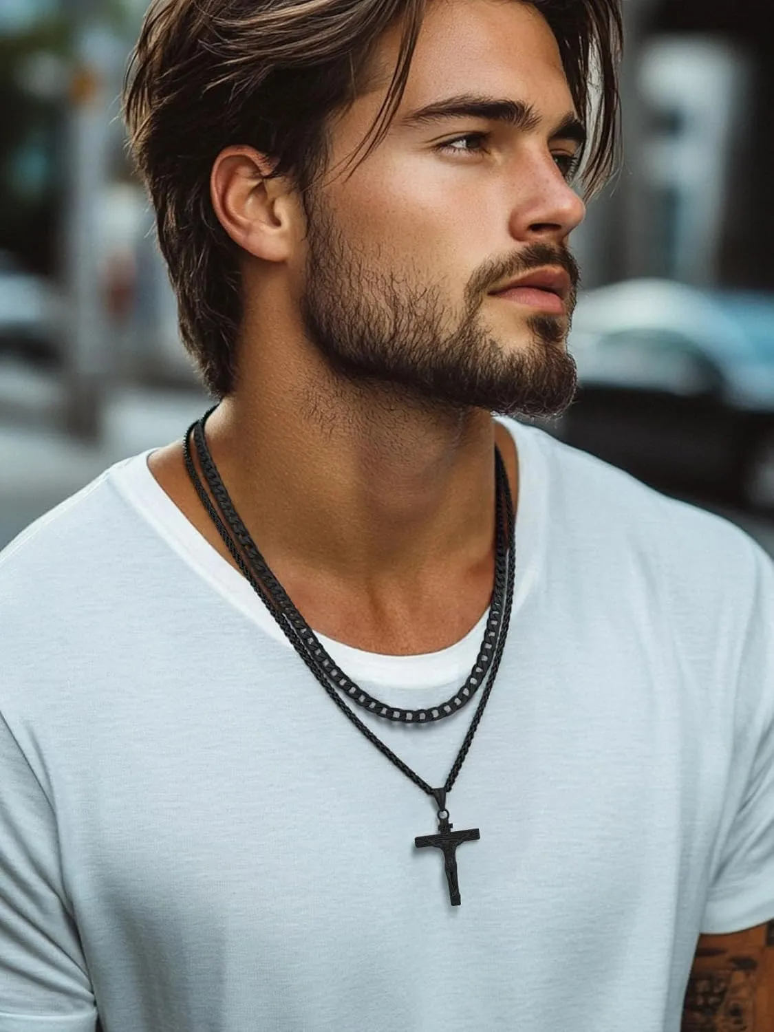 FaithHeart Cross Necklace for Men, Silver/Black/Gold Cuban Link Chain Crucifix Necklace Stainless Steel Mens Cross Pendant Necklaces 18-24 Inch Religious Jewelry Gift