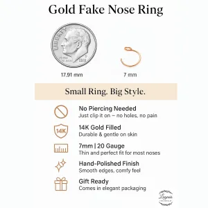 Fake Nose Ring - Thin Tiny 20 Gauge 7mm Faux Nose Piercing For Women - 14k Gold Filled Clip on Nose Hoop Rings Jewelry - No Piercing Needed - Gift Ready