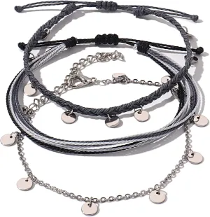 FANCY SHINY String Ankle Bracelets Waterproof Rope Anklets Braided Beach Boho Coin Anklets Cute Friendship Foot Jewelry for Women