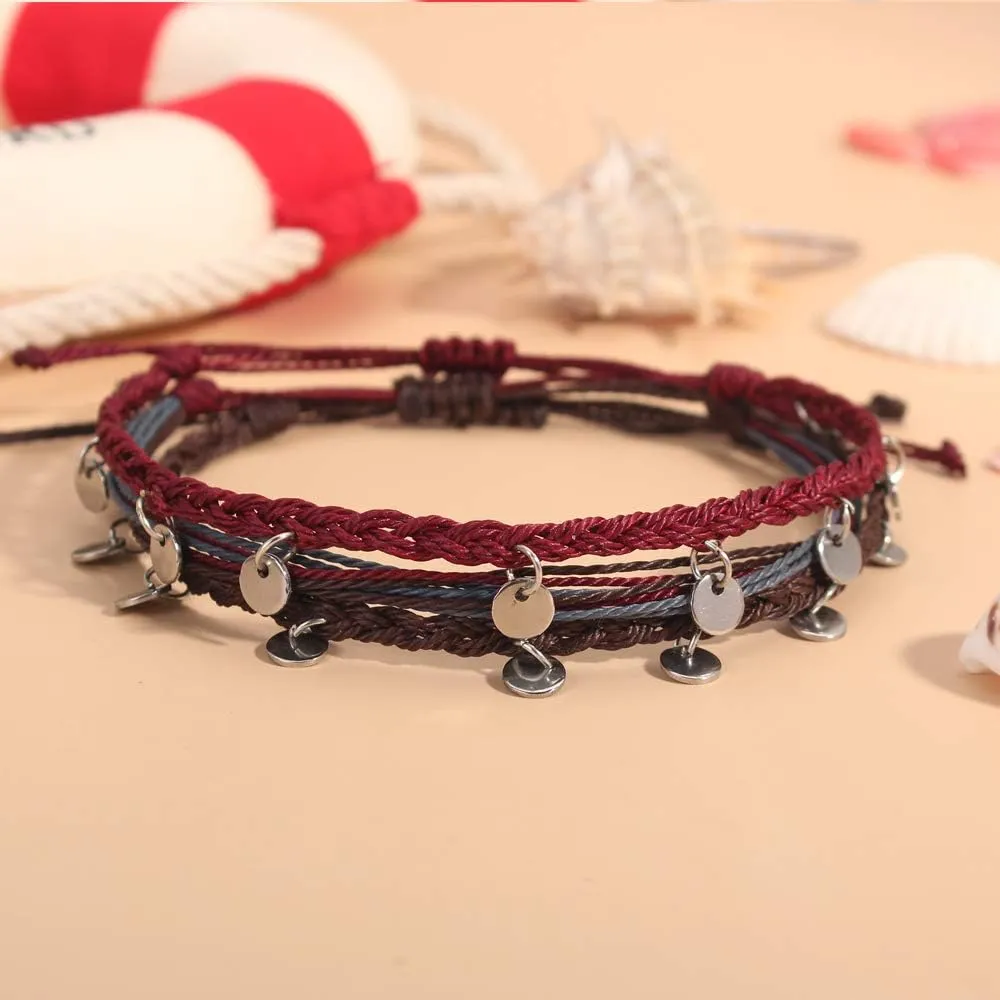 FANCY SHINY String Ankle Bracelets Waterproof Rope Anklets Braided Beach Boho Coin Anklets Cute Friendship Foot Jewelry for Women