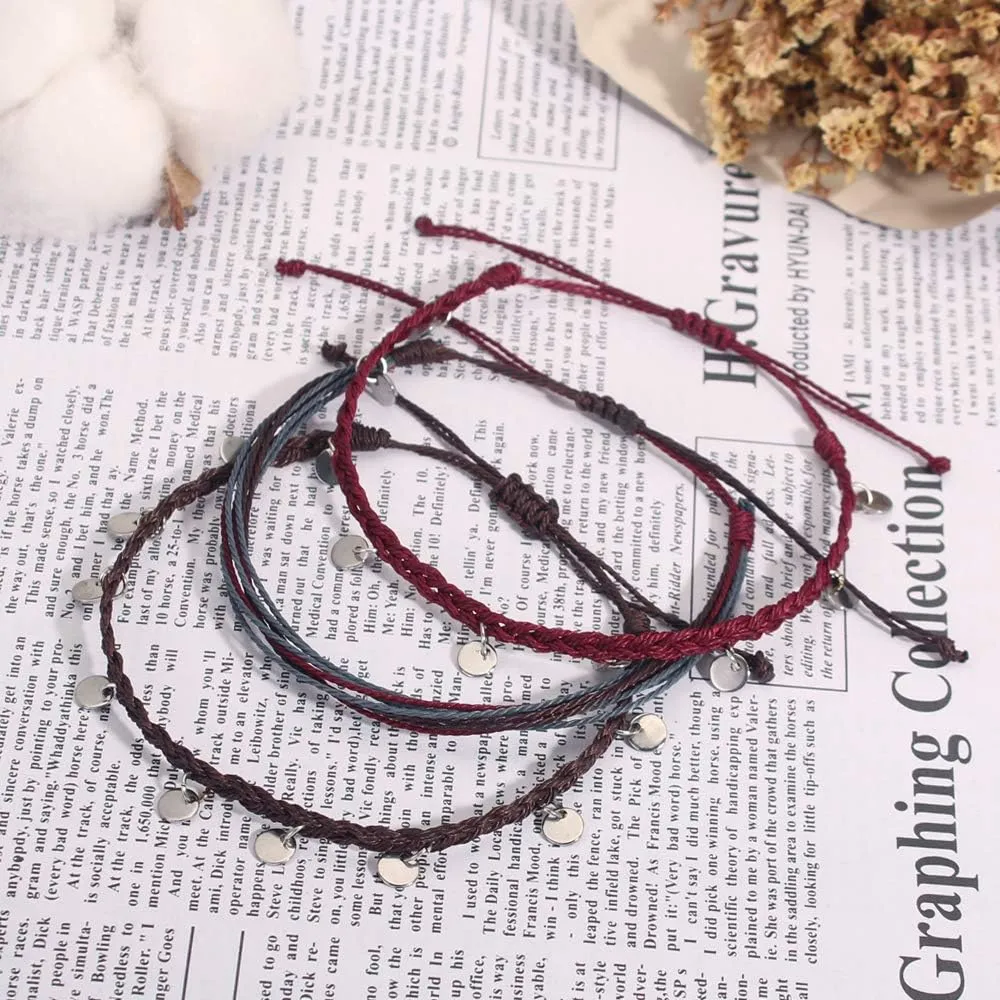 FANCY SHINY String Ankle Bracelets Waterproof Rope Anklets Braided Beach Boho Coin Anklets Cute Friendship Foot Jewelry for Women