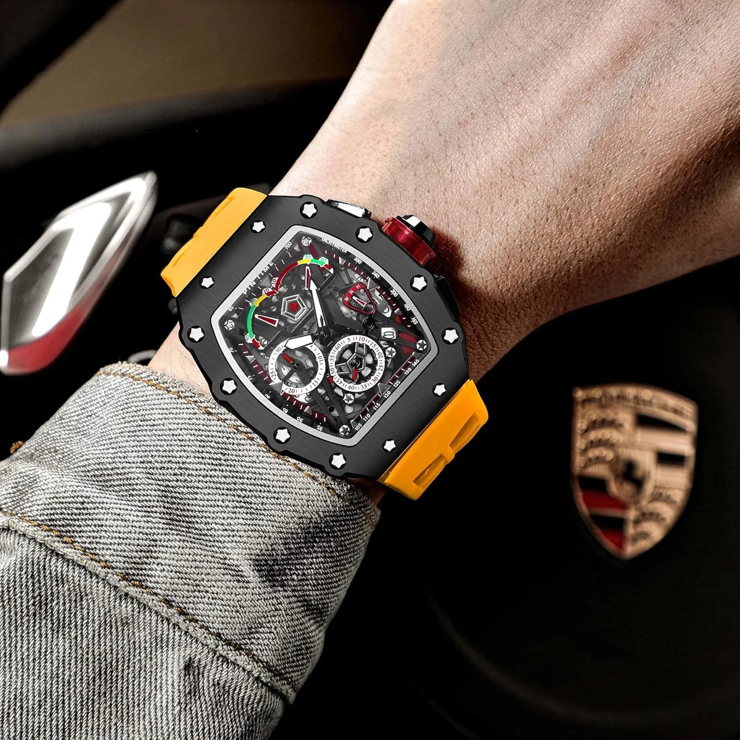 FANMIS Mens Luxury Tonneau Square Watches Analog Punk Chronograph Unique Sports Wrist Watch Japanese Movement Luminous Design with Rubber Band