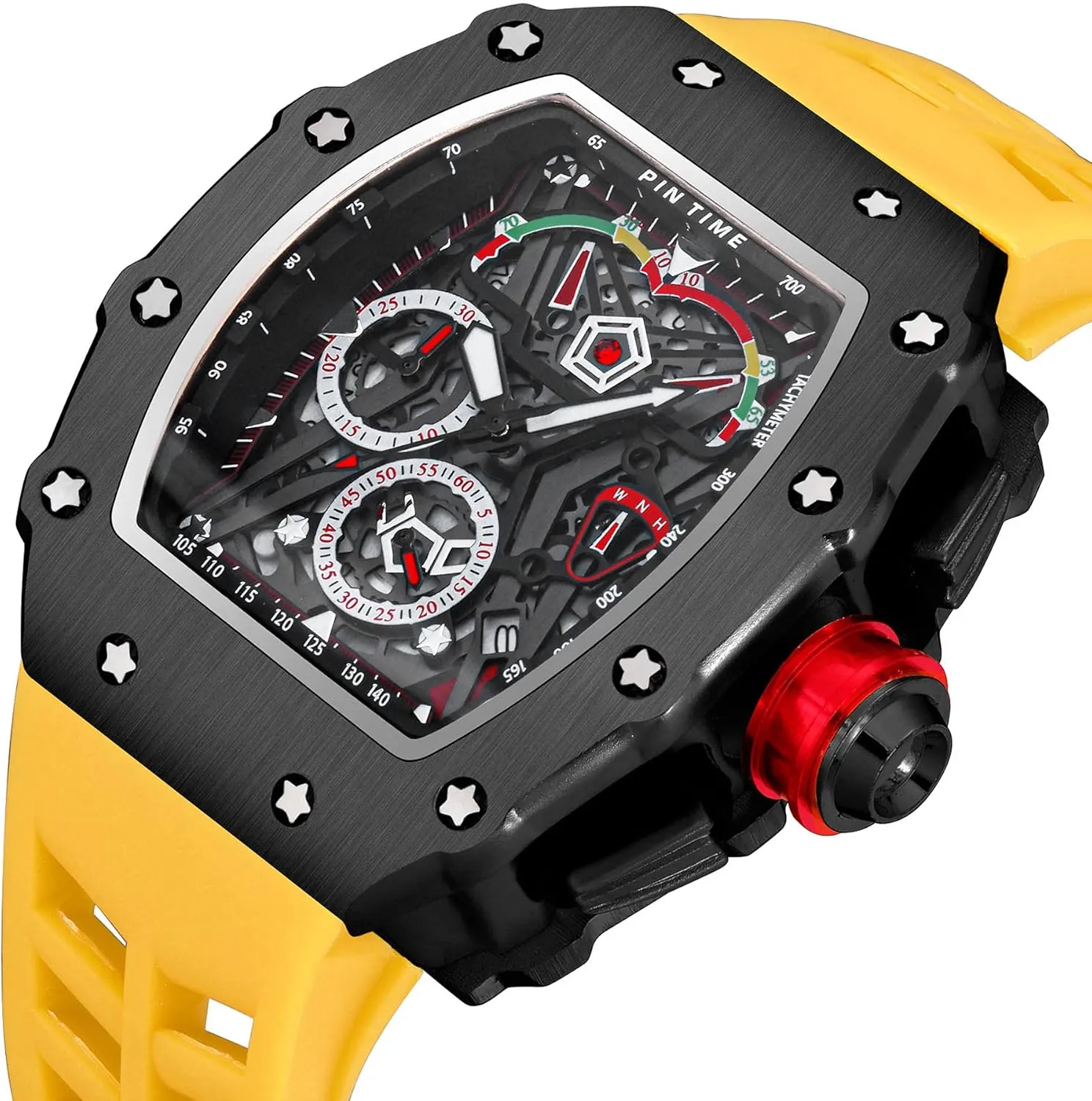FANMIS Mens Luxury Tonneau Square Watches Analog Punk Chronograph Unique Sports Wrist Watch Japanese Movement Luminous Design with Rubber Band