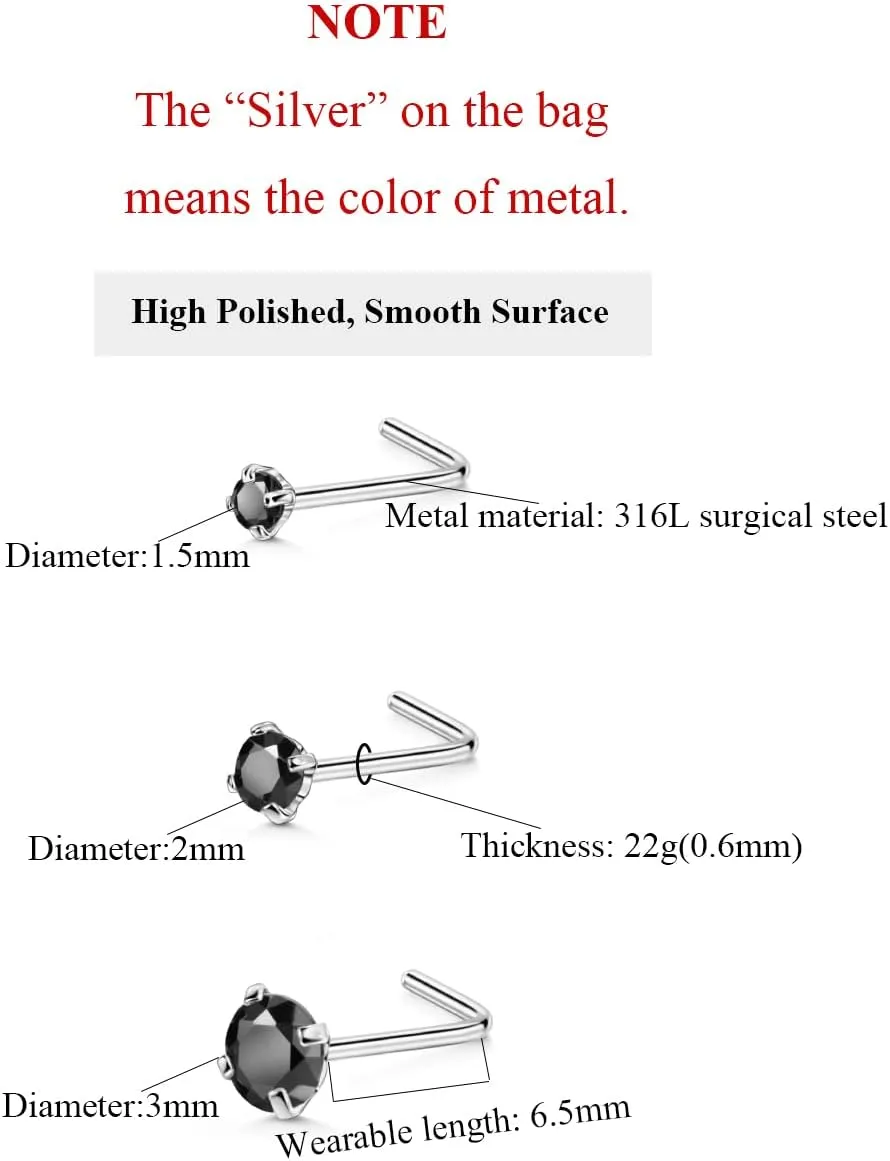 FANSING 3pcs C-Shaped Nose Rings and 3pcs Different Sizes CZ L-Shaped Nose Studs