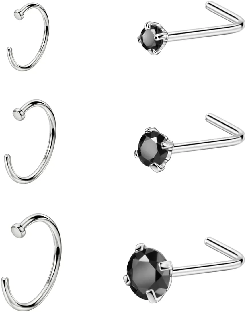FANSING 3pcs C-Shaped Nose Rings and 3pcs Different Sizes CZ L-Shaped Nose Studs
