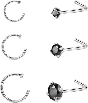FANSING 3pcs C-Shaped Nose Rings and 3pcs Different Sizes CZ L-Shaped Nose Studs