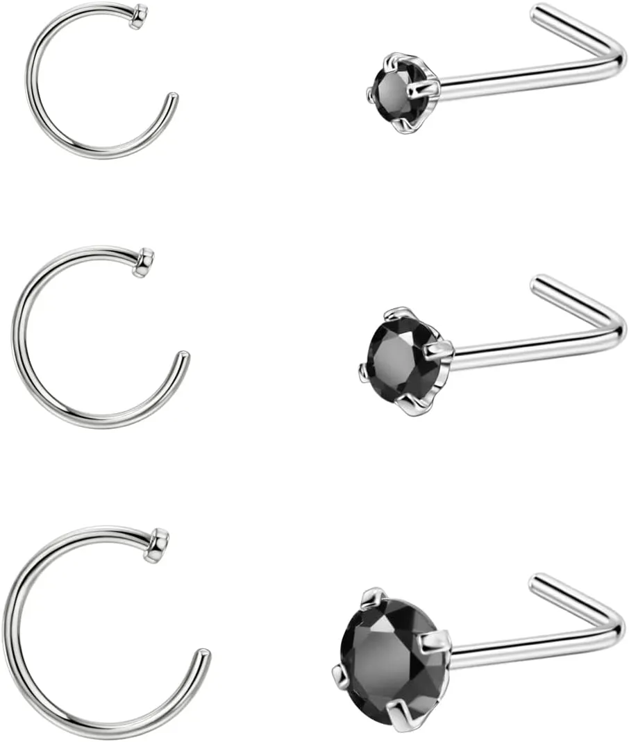FANSING 3pcs C-Shaped Nose Rings and 3pcs Different Sizes CZ L-Shaped Nose Studs