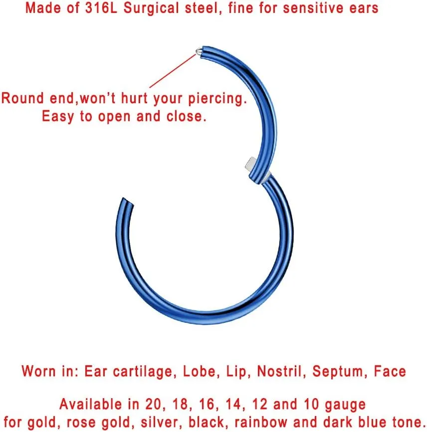 FANSING Men Women 316L Surgical Steel Hinged Nose Rings Hoop for Nostril Septum Cartilage Helix Daith Tragus Rook Conch Lip Ear Lobe Piercings