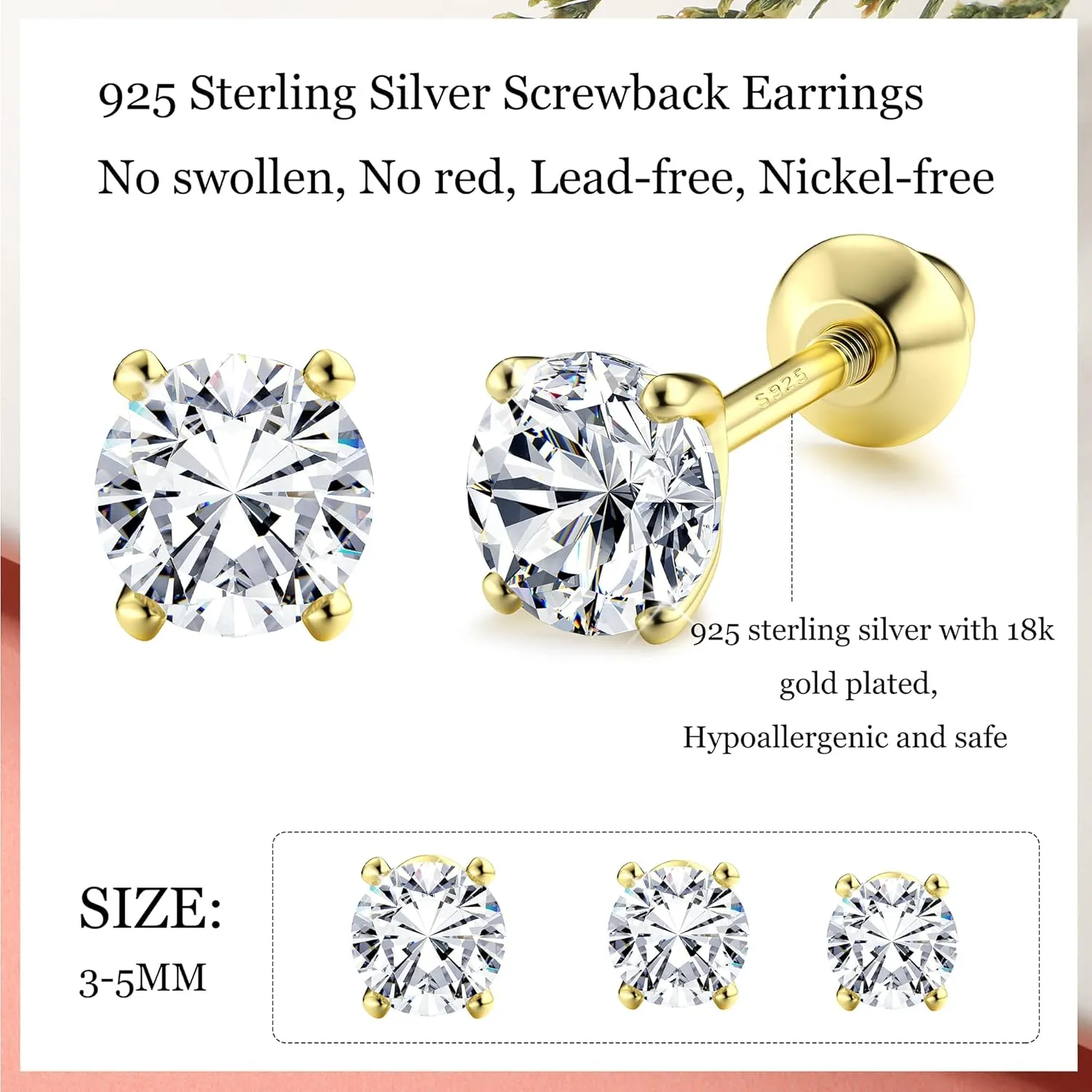 FASACCO 925 Sterling Silver Stud Earrings 18K White Gold Plated Screw Back Earrings for Women Men Hypoallergenic Cubic Zirconia Earrings Studs 3MM 4MM 5MM Sparkling CZ