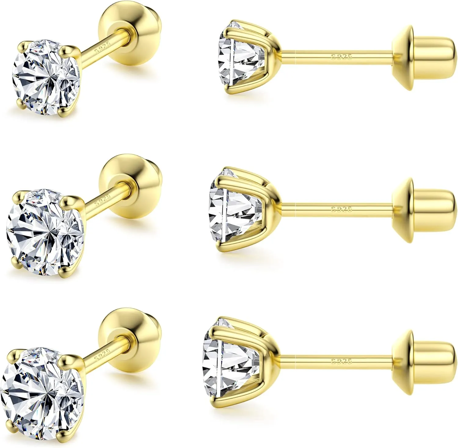 FASACCO 925 Sterling Silver Stud Earrings 18K White Gold Plated Screw Back Earrings for Women Men Hypoallergenic Cubic Zirconia Earrings Studs 3MM 4MM 5MM Sparkling CZ