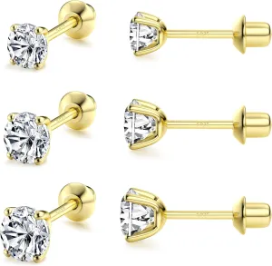 FASACCO 925 Sterling Silver Stud Earrings 18K White Gold Plated Screw Back Earrings for Women Men Hypoallergenic Cubic Zirconia Earrings Studs 3MM 4MM 5MM Sparkling CZ
