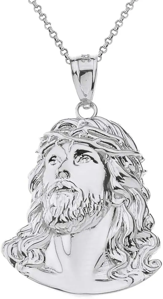 Fashion 925 Sterling Silver Face of Christ, Jesus Pendant Necklace, 1.46"