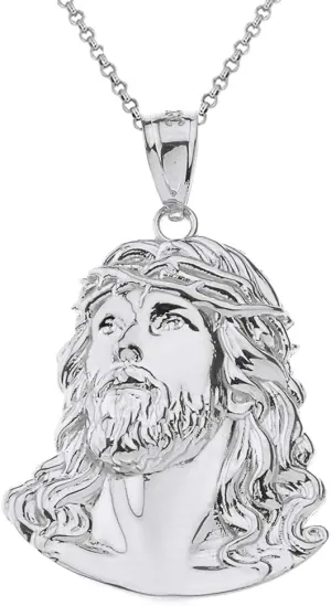 Fashion 925 Sterling Silver Face of Christ, Jesus Pendant Necklace, 1.46"