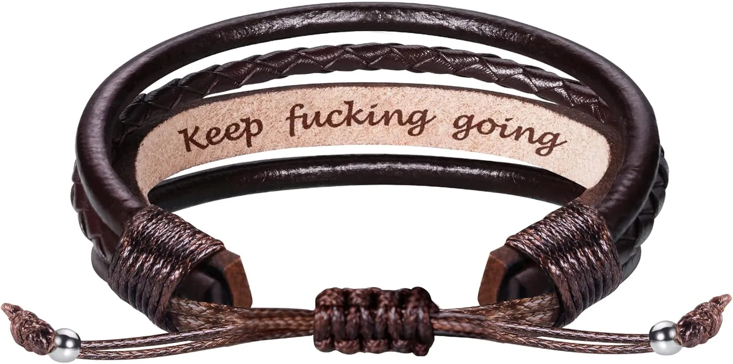 Fathers Day Gifts for Dad Husband Leather Bracelet for Men Him Boyfriend Son Adjustable Brown Mens Leather Bracelet Christmas Stocking Stuffers Mens Jewelry with Inspirational Message