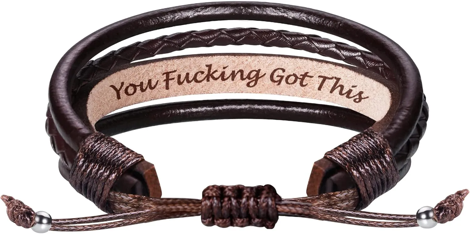 Fathers Day Gifts for Dad Husband Leather Bracelet for Men Him Boyfriend Son Adjustable Brown Mens Leather Bracelet Christmas Stocking Stuffers Mens Jewelry with Inspirational Message