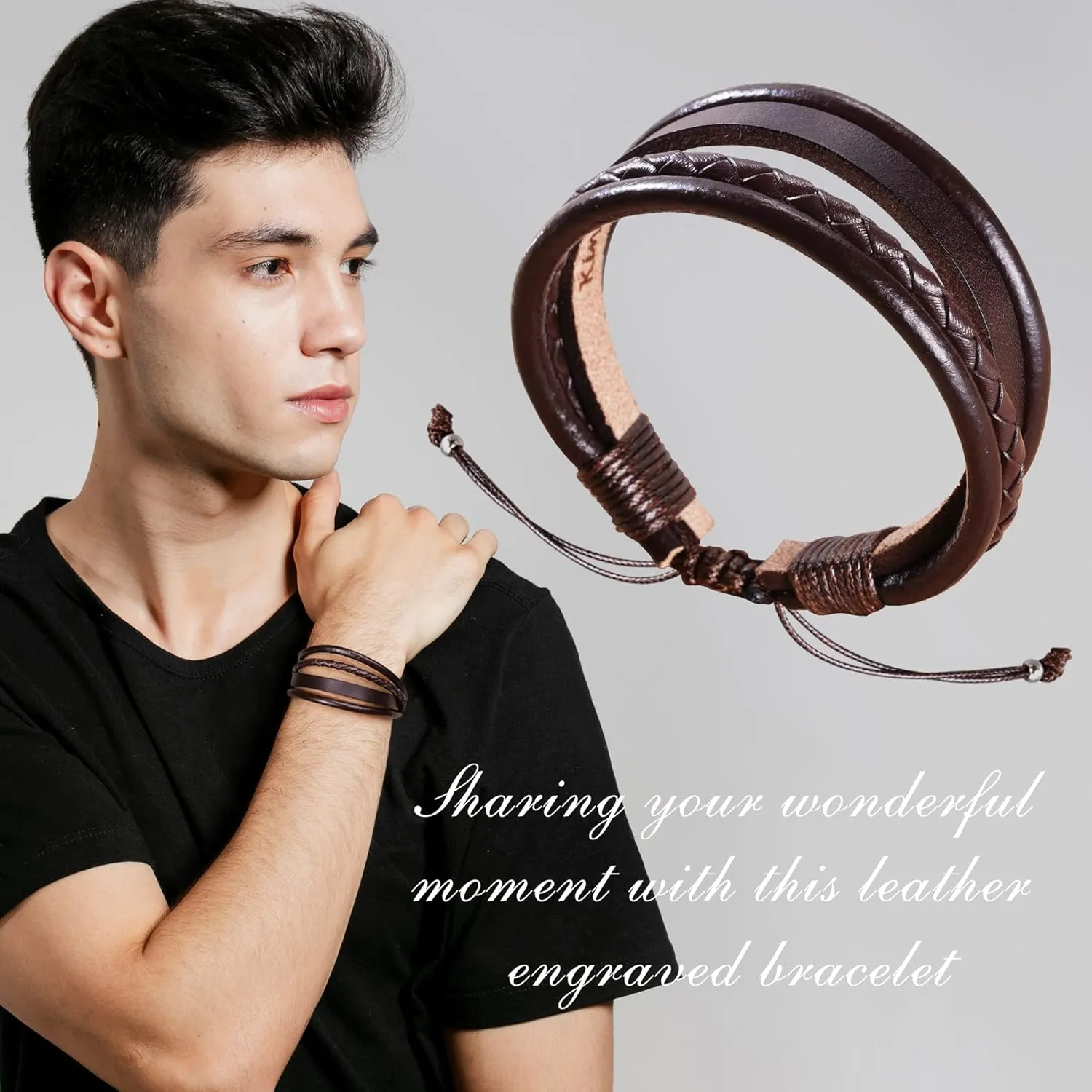 Fathers Day Gifts for Dad Husband Leather Bracelet for Men Him Boyfriend Son Adjustable Brown Mens Leather Bracelet Christmas Stocking Stuffers Mens Jewelry with Inspirational Message