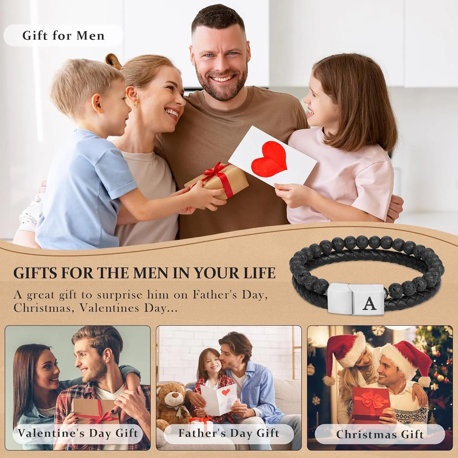 Father's Gifts for Dad Husband Mens Bracelet - Premium Genuine Leather Natural Lava Rock Adjustable Stainless Steel Magnetic Clasp Mens Initial Bracelet, Unique Gifts for Men Husband Dad Son
