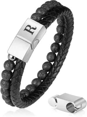 Father's Gifts for Dad Husband Mens Bracelet - Premium Genuine Leather Natural Lava Rock Adjustable Stainless Steel Magnetic Clasp Mens Initial Bracelet, Unique Gifts for Men Husband Dad Son