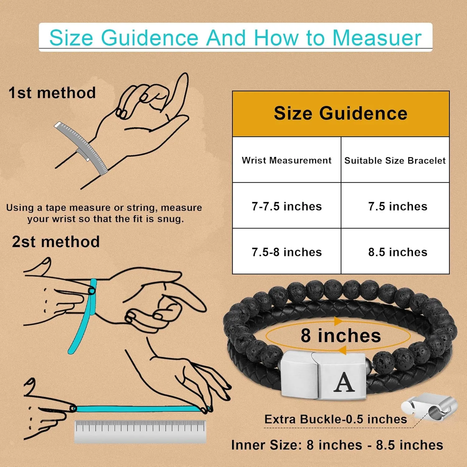 Father's Gifts for Dad Husband Mens Bracelet - Premium Genuine Leather Natural Lava Rock Adjustable Stainless Steel Magnetic Clasp Mens Initial Bracelet, Unique Gifts for Men Husband Dad Son