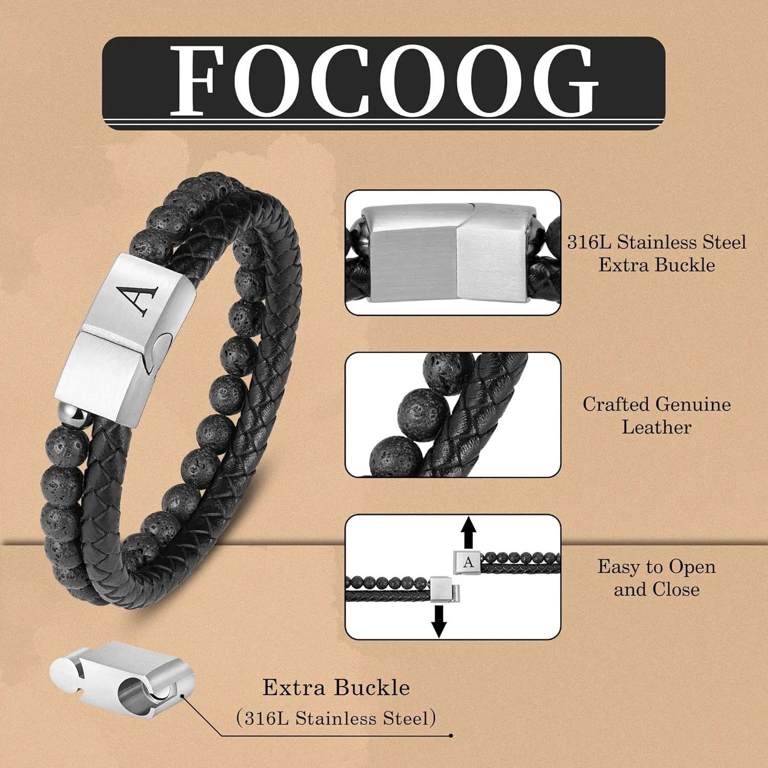 Father's Gifts for Dad Husband Mens Bracelet - Premium Genuine Leather Natural Lava Rock Adjustable Stainless Steel Magnetic Clasp Mens Initial Bracelet, Unique Gifts for Men Husband Dad Son