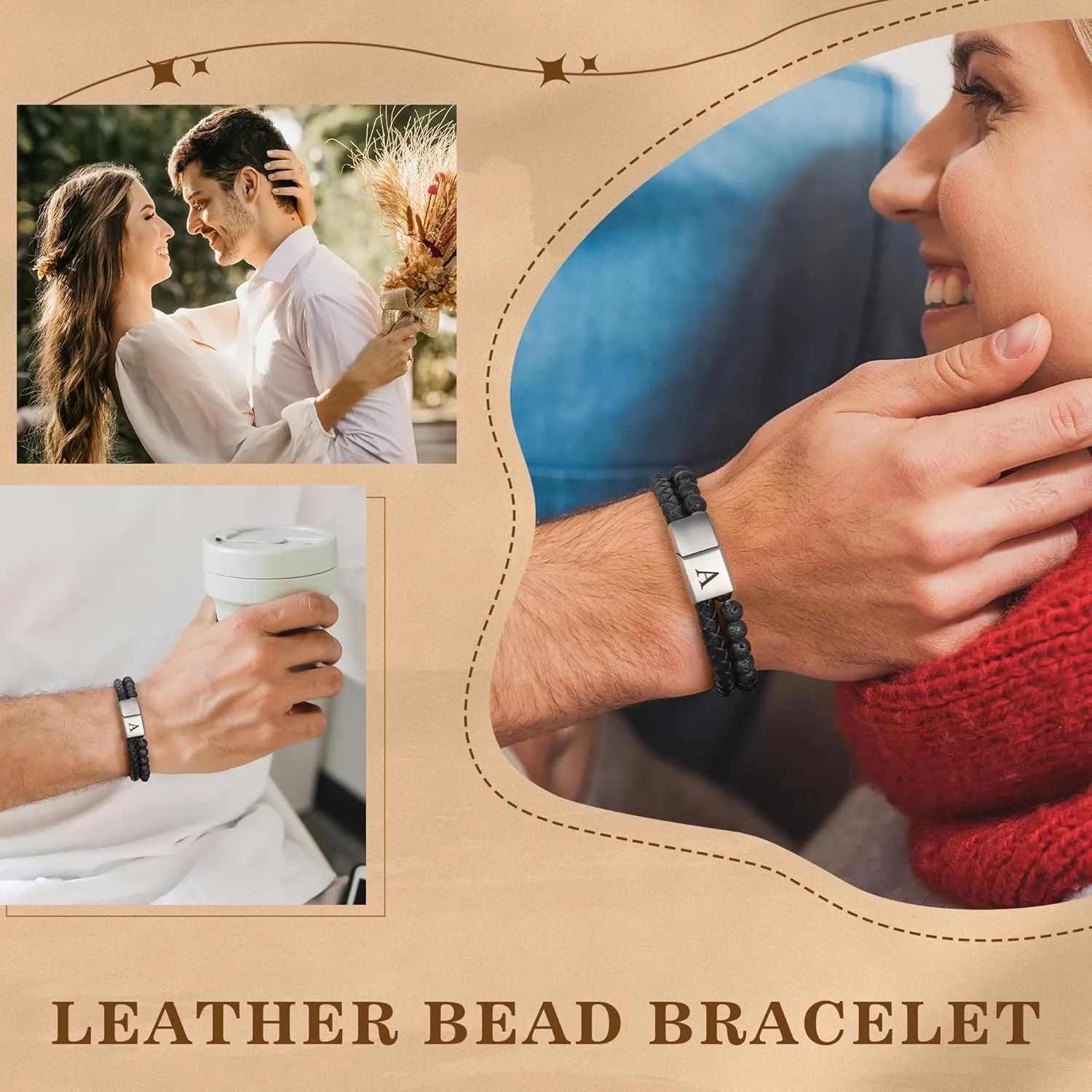Father's Gifts for Dad Husband Mens Bracelet - Premium Genuine Leather Natural Lava Rock Adjustable Stainless Steel Magnetic Clasp Mens Initial Bracelet, Unique Gifts for Men Husband Dad Son