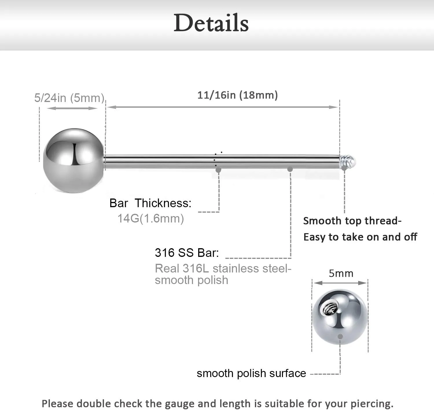 FECTAS 14G Nipplerings Piercing Barbells Surgical Stainless Steel Straingt Barbell Nipple Tongue Rings Jewelry
