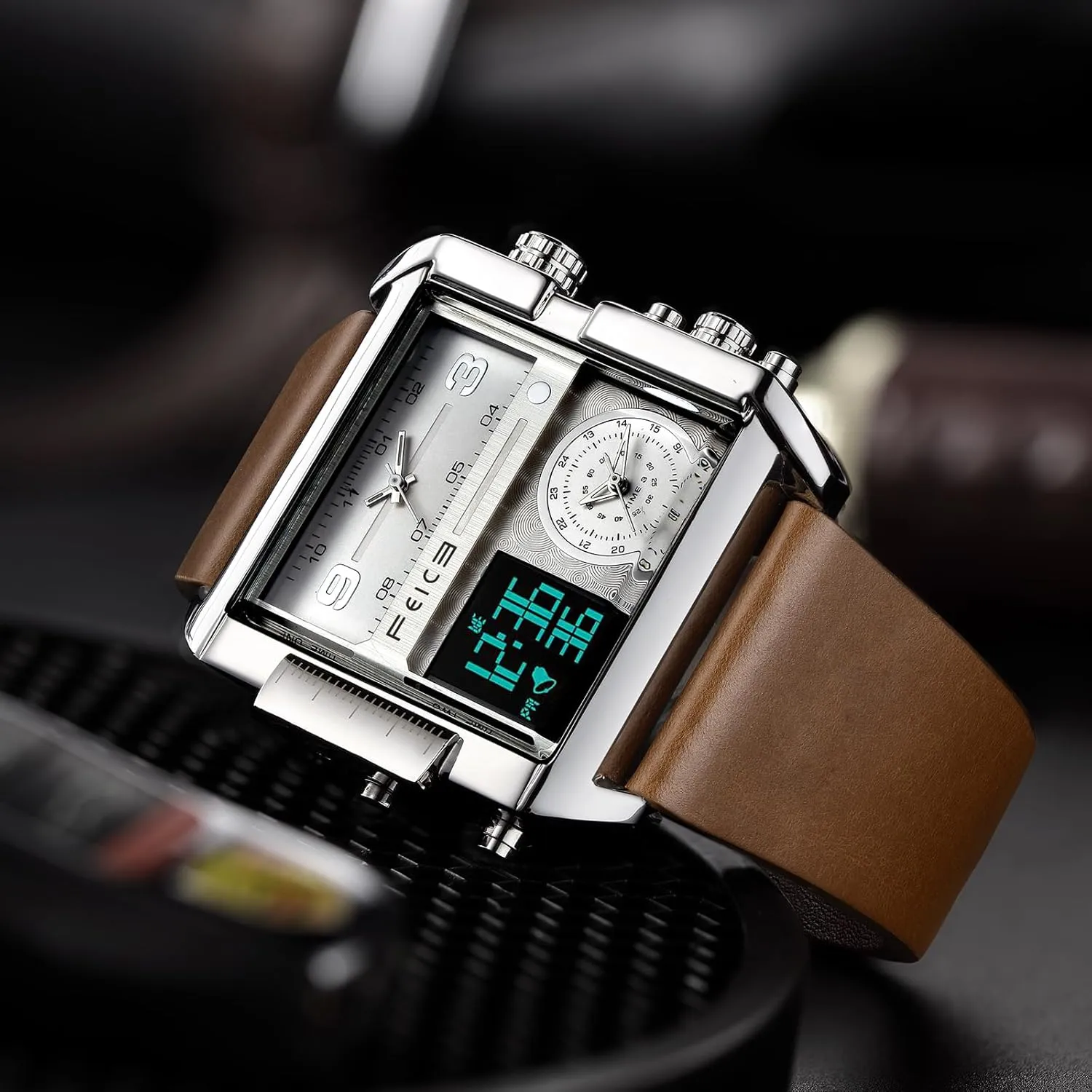 FEICE Wathes for Men Digital LED Analog Quartz Wristwatch Business Mens Watch Multifunction Square Chronograph 24H Calendar Leather Band Unique FK030