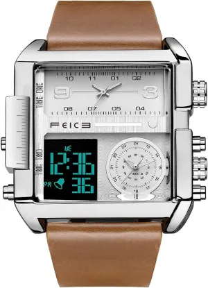 FEICE Wathes for Men Digital LED Analog Quartz Wristwatch Business Mens Watch Multifunction Square Chronograph 24H Calendar Leather Band Unique FK030