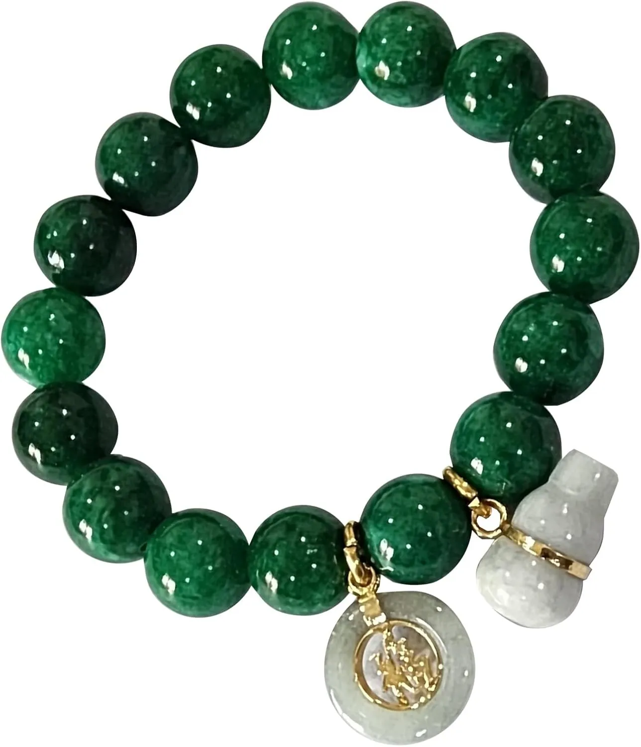 Feng Shui Jade Bracelet for Women  Natural 10.5mm Beads with Lucky Gourd & Coin Charms  Attract Wealth, Health & Protection Energy