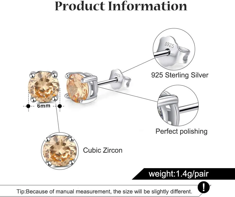 Fereendo 925 Sterling Silver Round Cut Birthstone Stud Earrings Colorful Cubic Zircon Earrings studs Jewelry Gift for Women