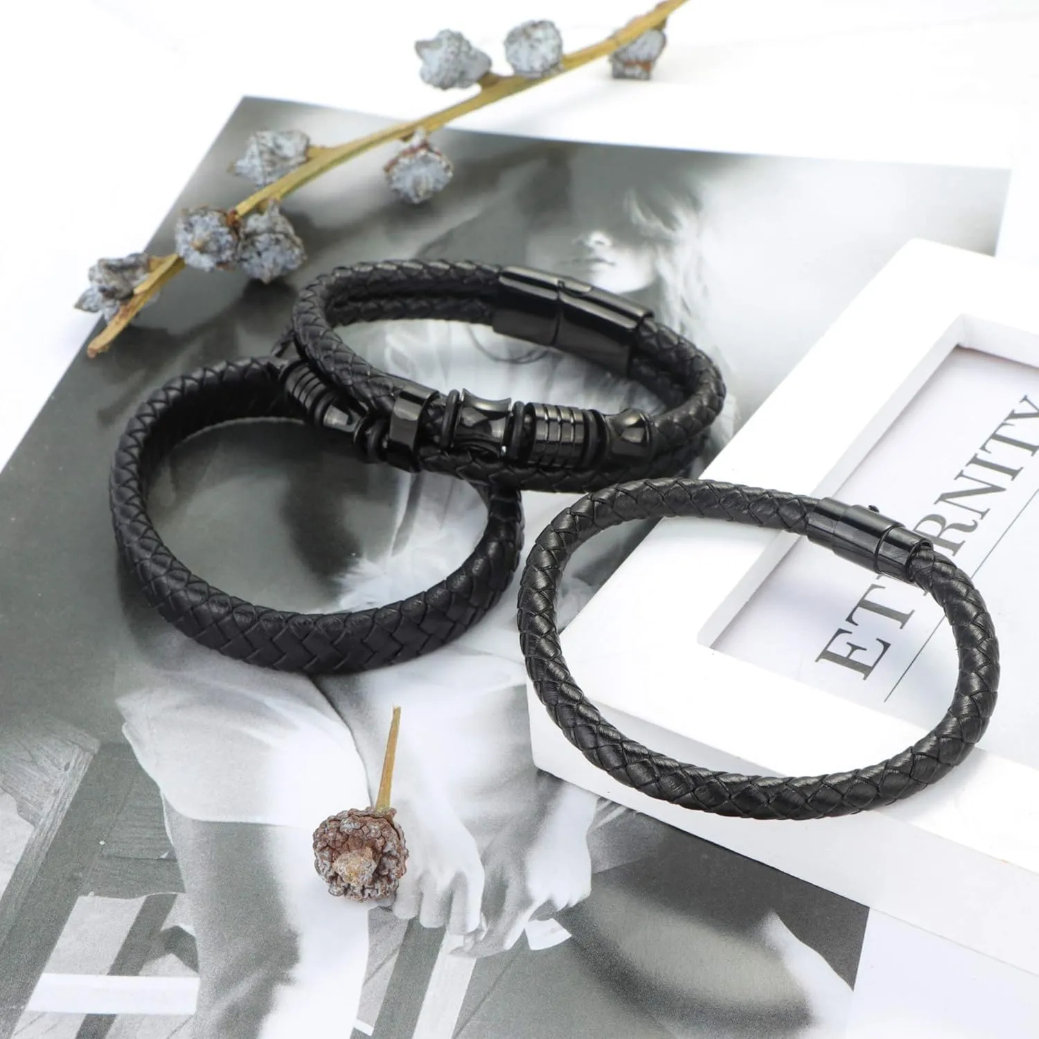 FIBO STEEL 3 PCS Stainless Steel Clasp Leather Bracelets for Men Wrap Braided Leather Bracelets Wrist Cuff Bangle 7.5-9.0 Inch