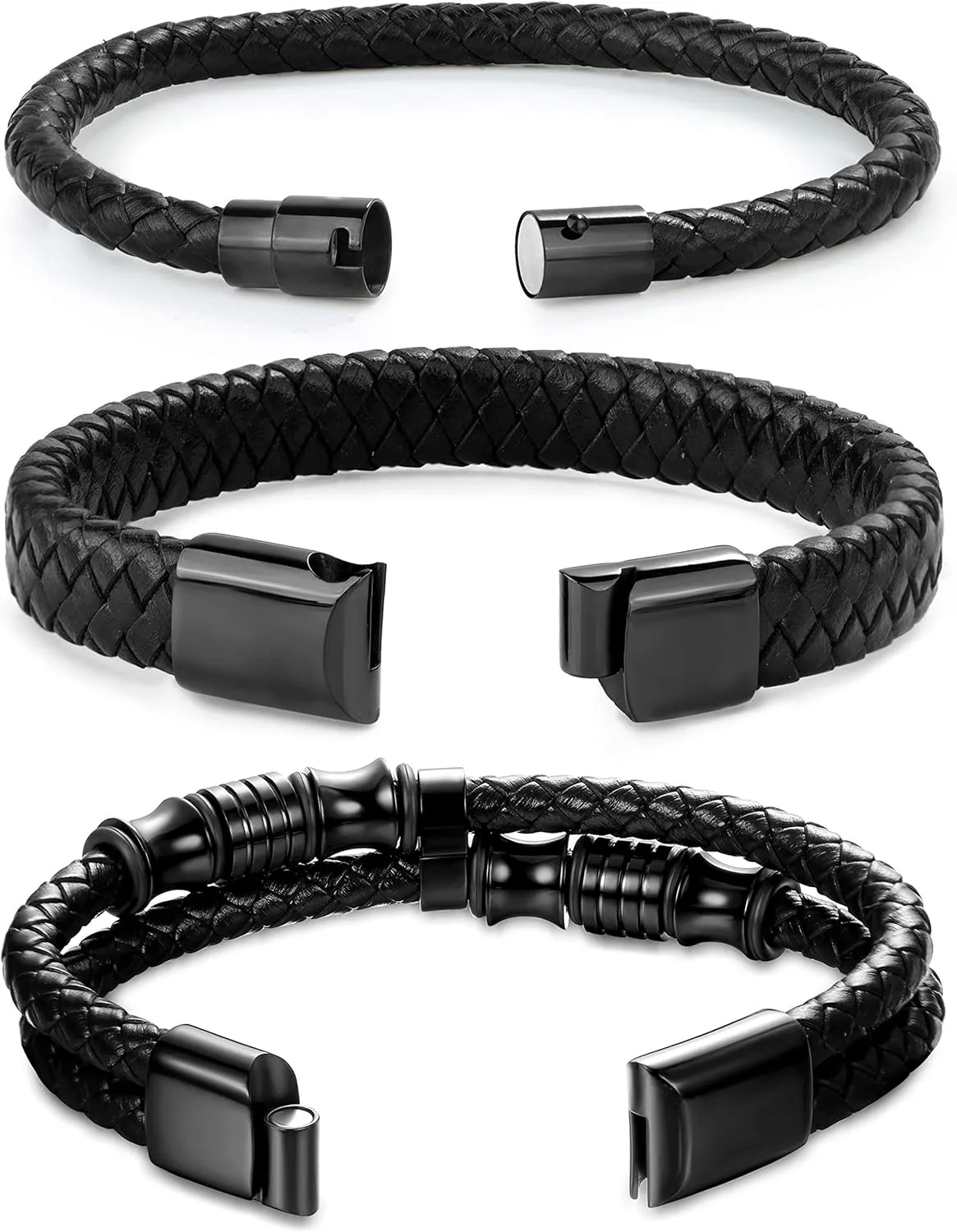 FIBO STEEL 3 PCS Stainless Steel Clasp Leather Bracelets for Men Wrap Braided Leather Bracelets Wrist Cuff Bangle 7.5-9.0 Inch