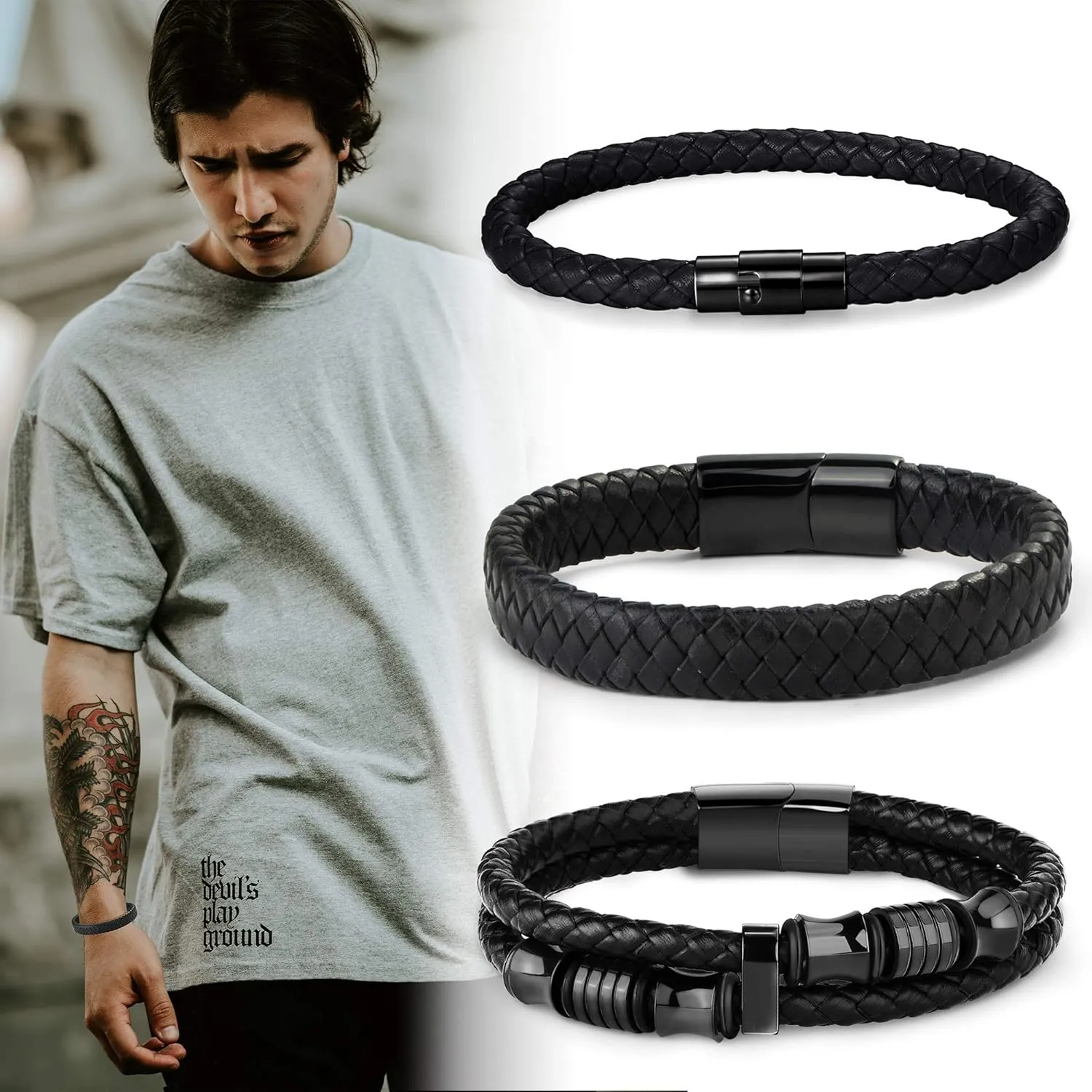 FIBO STEEL 3 PCS Stainless Steel Clasp Leather Bracelets for Men Wrap Braided Leather Bracelets Wrist Cuff Bangle 7.5-9.0 Inch