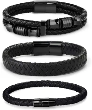 FIBO STEEL 3 PCS Stainless Steel Clasp Leather Bracelets for Men Wrap Braided Leather Bracelets Wrist Cuff Bangle 7.5-9.0 Inch