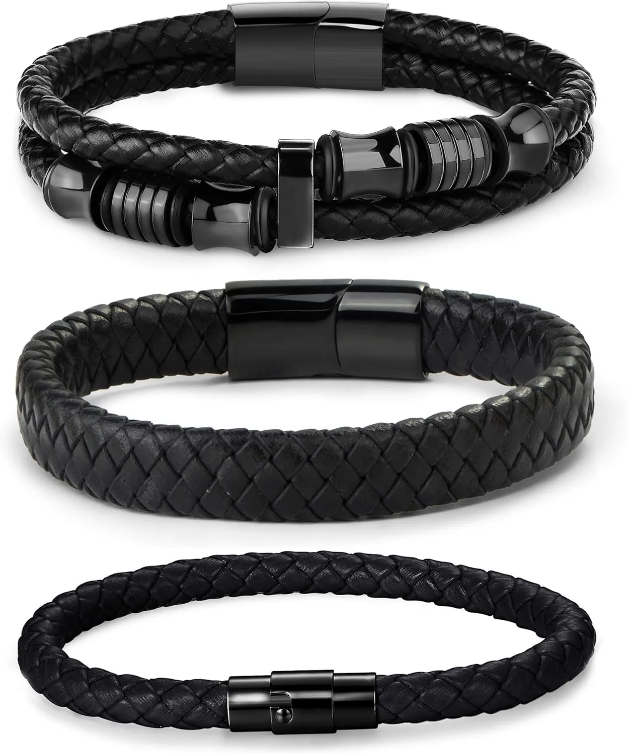 FIBO STEEL 3 PCS Stainless Steel Clasp Leather Bracelets for Men Wrap Braided Leather Bracelets Wrist Cuff Bangle 7.5-9.0 Inch