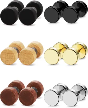 FIBO STEEL 6 Pairs Stud Earrings for Men Women Flat Back Ear Piercing Ear Plugs Tunnel Fake Gauge Earrings 18G